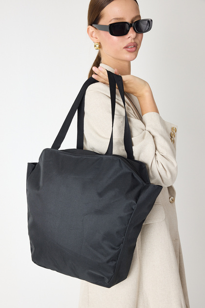 Women's Black Zippered Large Size Fabric Shoulder Bag
