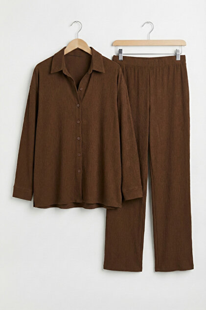 Oversized Fit Buttoned Shirt Wide-Leg Pants Two-Piece Set