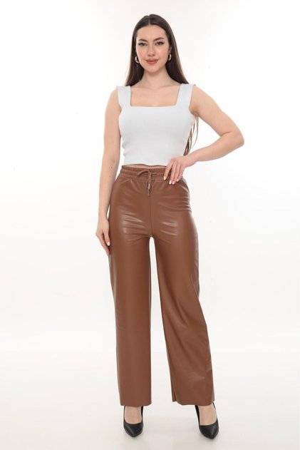 Women's Lace Detailed Straight Leg Inside Fleece-Lined High Waist L Stretch Fabric Wide Leg Leather Pants Leggings