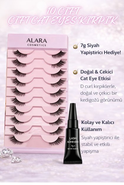 Takma Kirpik Cat Eyes 10 Çift +1 Hafta Kalıcı Yapıştırıcı-Hızlı Kolay Ve Doğal Uygulama