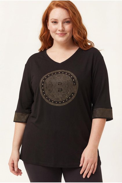 Women's Plus Size Black Blouse with Front and Sleeve Stone Print