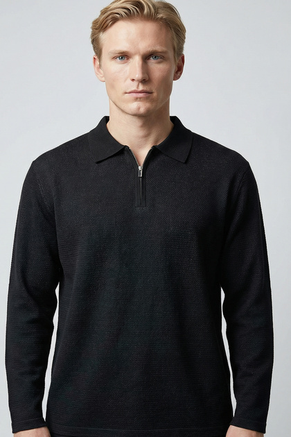 Komrat Men's Regular Fit Polo Neck Zippered Textured Jacquard Knit Sweater - Black