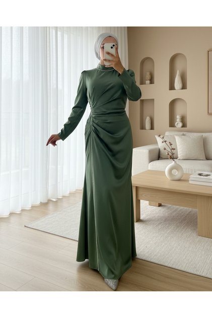 Satin Evening Dress with Stone Stripe and Draped Waist - Green