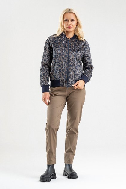 Women's patterned Stretch Fabric cotton velvet fabric, double pocketed, Ribbed Knit pilot jacket in khaki.