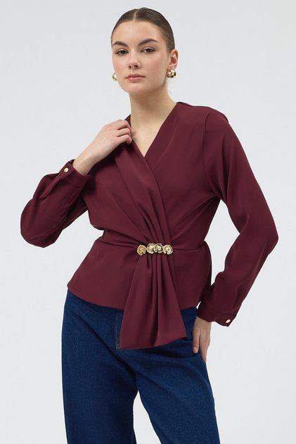 Burgundy Double-Breasted Collar Stone Buckle Detailed Long Sleeve Women's Blouse 251279