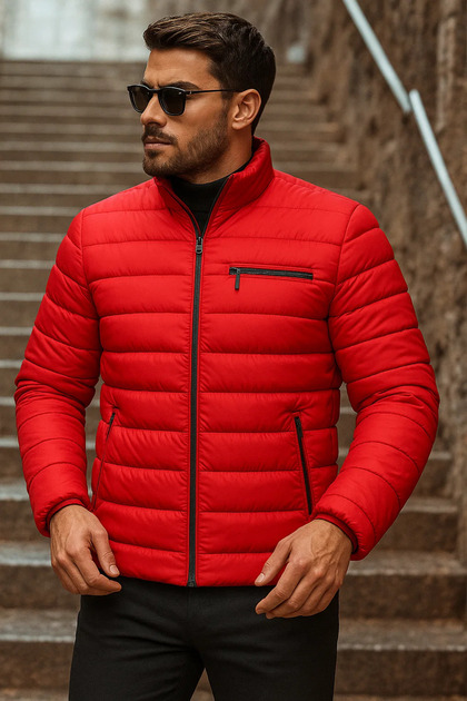 Men's Winter Basic Mock Neck Zippered Red Puffer Jacket