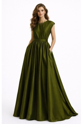 UNTIMELY Oil Green Taffeta Maxi Sleeveless Pleated Dress with Removable  Belt- Trendyol