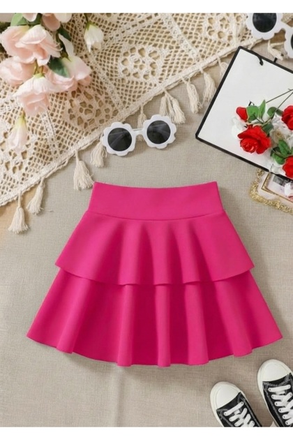 Girl's Ruffled Two-Layer High-Waisted Mini Flared Skirt (Size Chart Was Available in the Photo)
