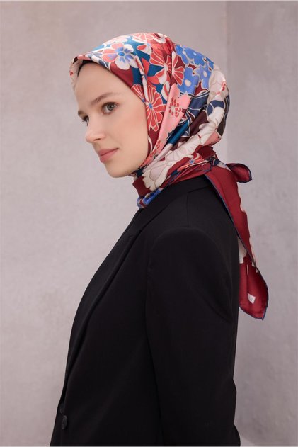 Burgundy Floral Pattern 100% Twill Silk Scarf 4220 - 36