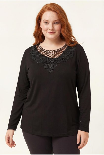 Women's Plus Size Collar Guipure Detail Black Blouse