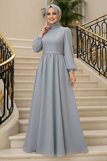 Neva Style Gray Hijab Evening Dress with Feather Detail on the Collar  21330Gr- Trendyol