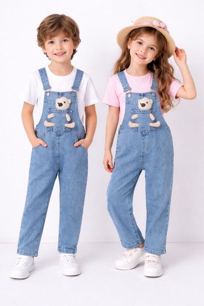 UNISEX Teddy Bear Print Children's Denim Overalls Adjustable Strap Salopette Jumpsuit Denim