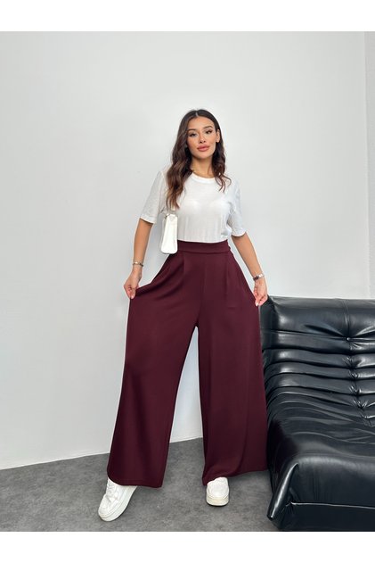 Modal Fabric Wide Leg Palazzo Pants with Elastic Waistband and Battery Detail on the Back 8903 - Burgundy
