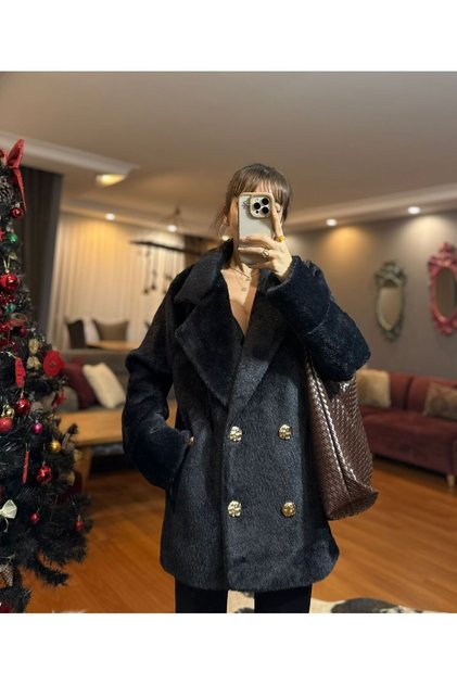 Imported Women's Bohemian K Faux Fur Coat with Black Gold Buttons