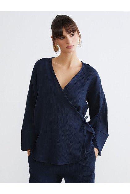 Lcw Visionindigo Double Breasted Collar Textured Muslin Women's Kimono