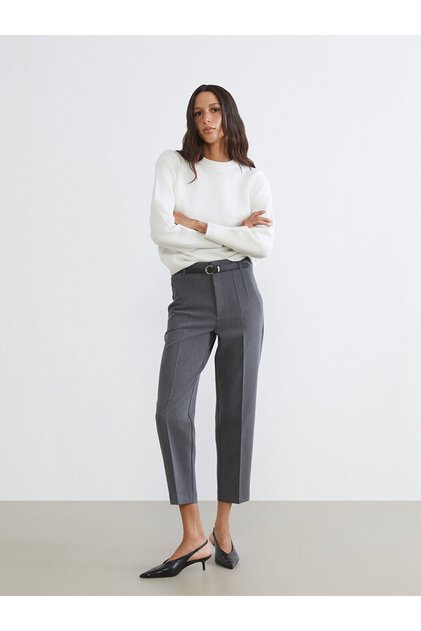 Lcw Vision Gray Belted Waist Slim Fit Women's Pleated Trousers