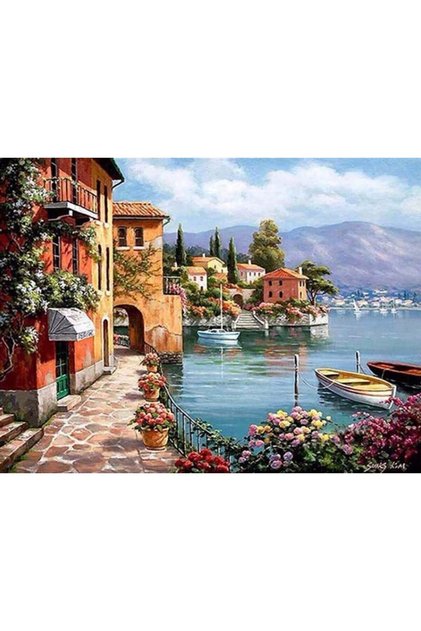 Sahil Kasabası Sayılarla Boyama Seti 40x50 Cm Çerçeveli (Kasnağa ) Gerili