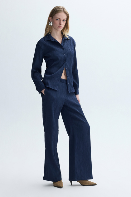 Women's Navy Blue Wide Leg Elastic Waist Pants