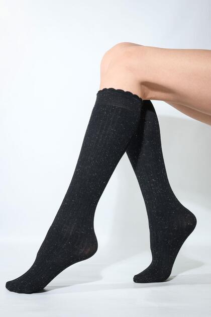 Women's Black Glitter Rib Rib Thick Knee Socks