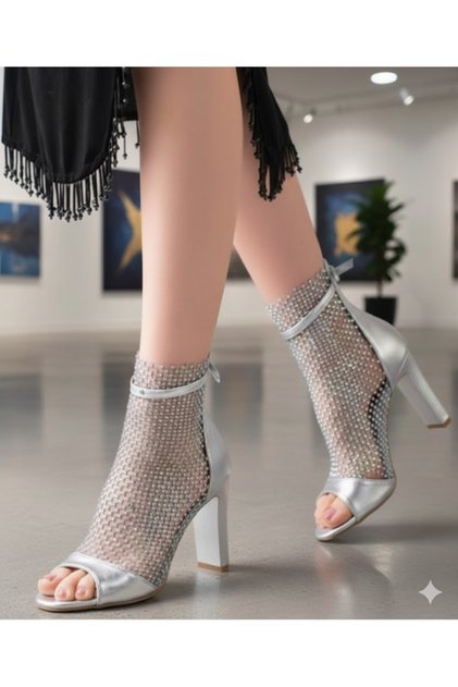 Kadın Gümüş Taşlı Parlak Sexy Seksi Fileli Transparan Önü Açık Fermuarlı Topuklu Abiye Şık Ayakkabı