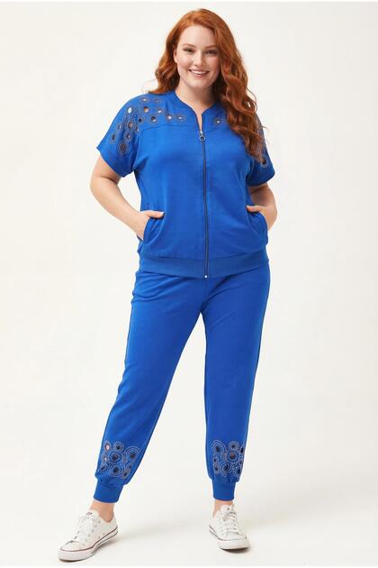 Women's Plus Size Blue Short-Sleeve Tracksuit Set with Sheer Cut Stone Print