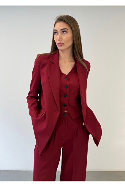 Limited Edition Kadın Ceket Yelek Palazzo Pantolon Bordo 3’lü Takım – Ofis & Şık Kombin