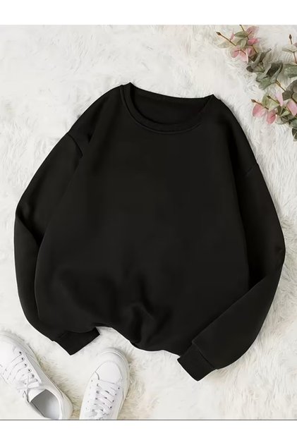 Unisex Siyah Bisiklet Yaka Düz Baskısız Geniş Kalıp Pamuklu Şardonlu Sweatshirt