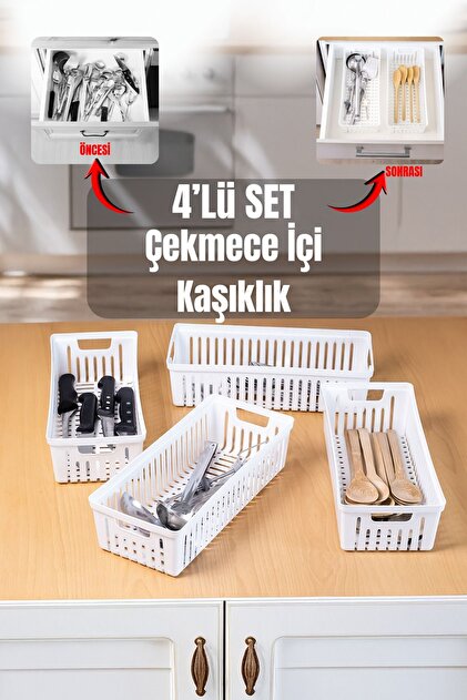 Metsar Home 4'lü Beyaz Mutfak Çekmece Düzenleyici – Kaşık Çatal