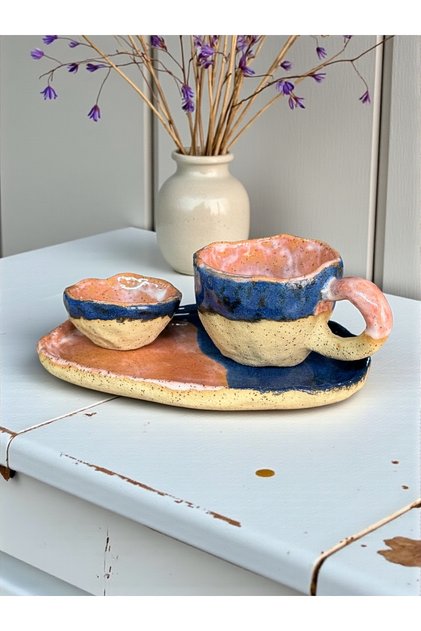 Special Design Handmade Stoneware Coffee and Tea Cup, Mini Bowl and Presentation Plate