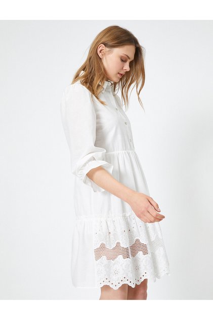 Button Detailed Classic Collar Lace Detailed Midi Dress