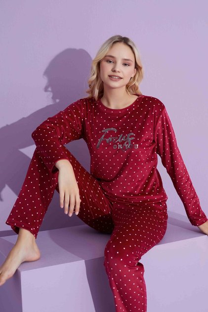Mother Daughter Velvet-Red Injection Printed Dot Pattern <> Winter French Velvet Pajamas Set