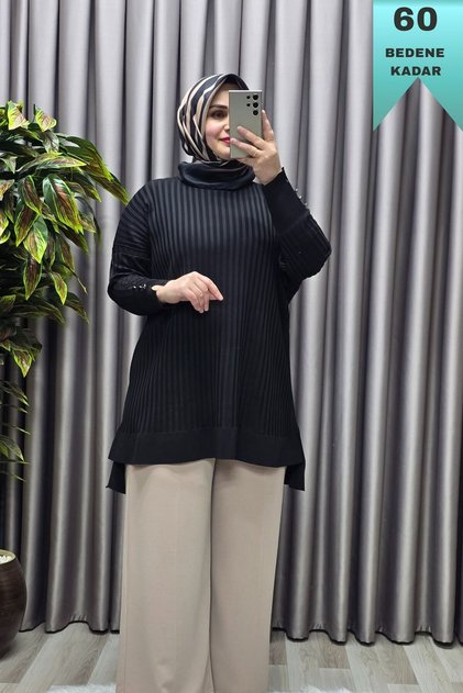 Women's Clothing Plus Size Sleeve Buttoned Corded Fabric Standard Size Knitwear Tunic