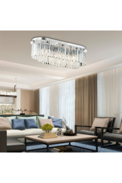 Nilüfer Dikdörtgen Krom Kristalli, Taşlı Modern Tasarım Yemek Masası Üstü, Kristal Salon Avize