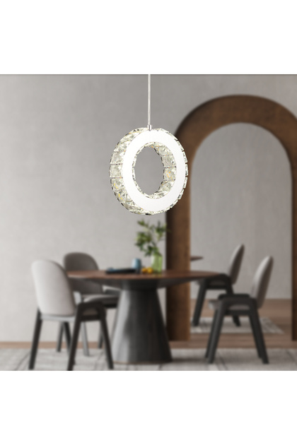 Akanay Tekli Krom Ledli 3 Renkli Sarkıt Kristalli Taşlı Modern Tasarım Led Kristal Top Salon Avize