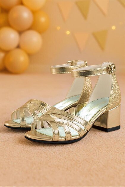 Sarkaya Belle Gold Thick Heeled Girls' Evening Dress Shoes- Trendyol