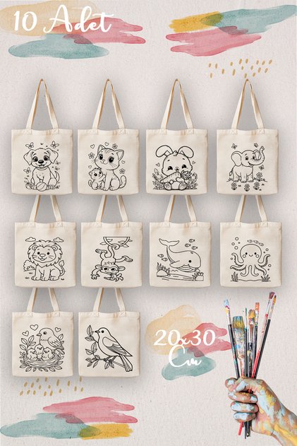 Hayvan Temalı Çocuklara Özel 10’lu Boyama Çantası – Eğlenceli Etkinlik Seti (20x30 cm)