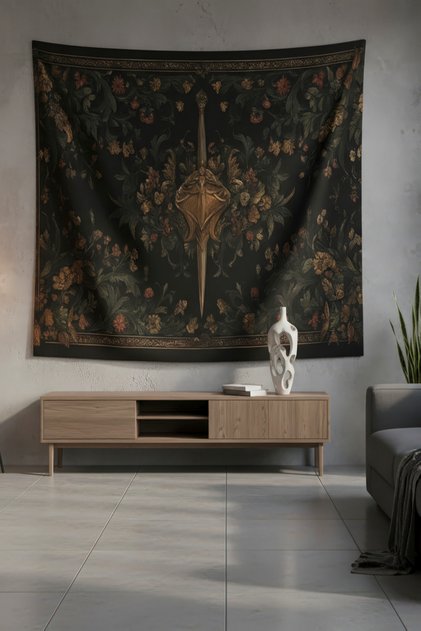 Hançer ve Çiçekler Gotik Desenli Kumaş Duvar Örtüsü Ev Dekorasyon Duvar Halısı Tapestry