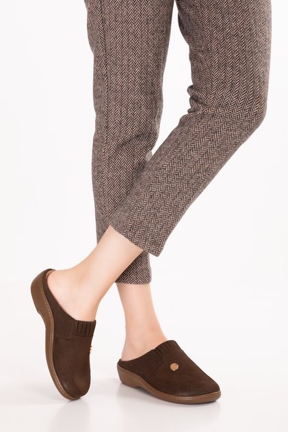 Women's Genuine Leather Special Slippers with Removable Sole Sabo Home and Outdoor Slippers Yprk.281 Brown Nubuck
