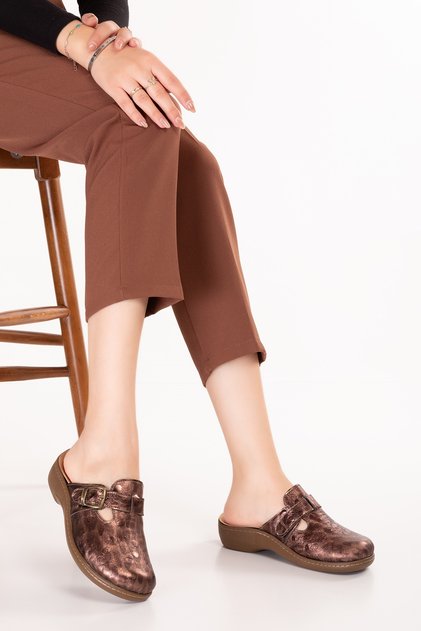 Women's Genuine Leather Special Slippers with Removable Sole for Home and Outdoors Yprk.275 Brown Croco