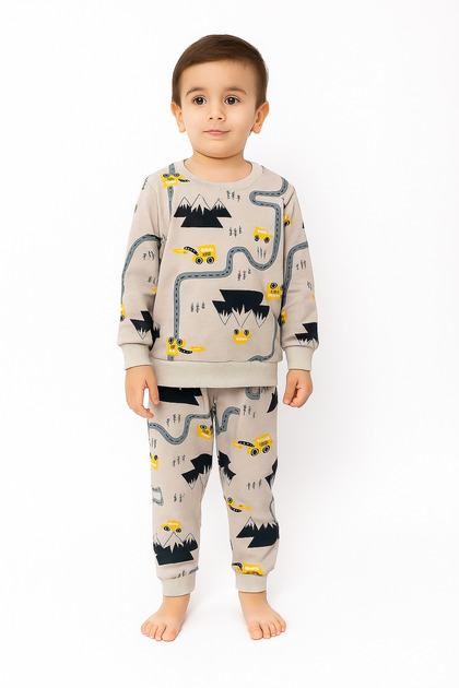Boy's Two Thread Cotton Sha Fleece-Lined Ej Color Road Pattern Long Sleeve Pajama Set