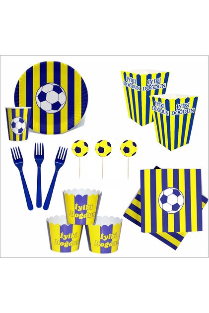 Fan Yellow Navy Blue 8 Plates, 8 Cups, 8 Corn Boxes, 10 Napkins, 10 Forks, 10 Toothpicks, 8 Cupcakes