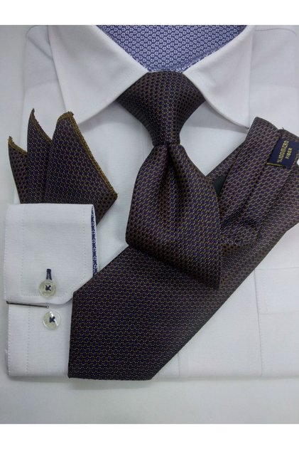 Brown Patterned Classic Tie with Handkerchief