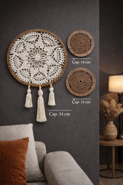Bohem Duvar Dekor Seti – El Yapımı Cotton & Ahşap Detay | 3 Parça
