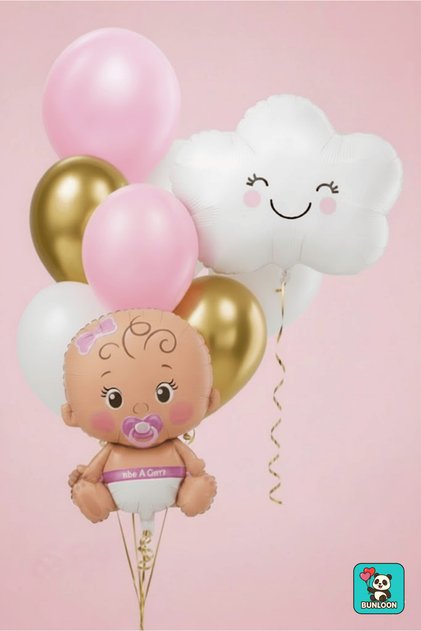 Pink Baby Girl Themed Foil Balloon Set with Cloud and Baby Figures Birthday Party Decoration
