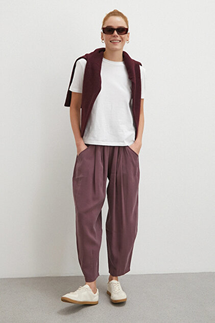 Lace-Up Elastic Waist Pleated Trousers Plum