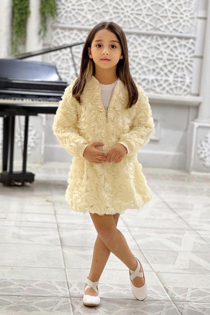 Miniğimin Cicileri Rose Pattern Jacketed Stone Girls' 3-Piece Set - Beige