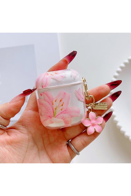 For Airpods1-2 Pink Pink Lily Flowers Headphones Case For AirPods 4th 1 2 3 With White Flower Protec