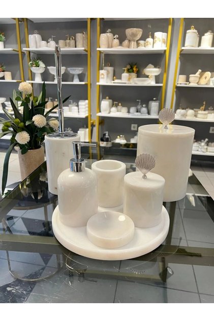 Decorative White Marble Bathroom Set Set of 7 Brass Accessory Detailed Design Set