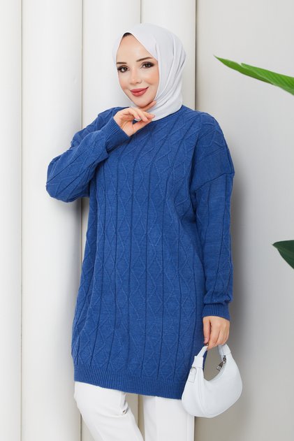 Women's Knitted Diamond Patterned Knitwear Tunic