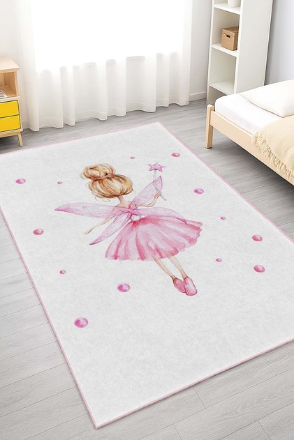 Peri Notalarında Pembe Desenli Yıkanabilir Dikdörtgen Çocuk Odası Halısı